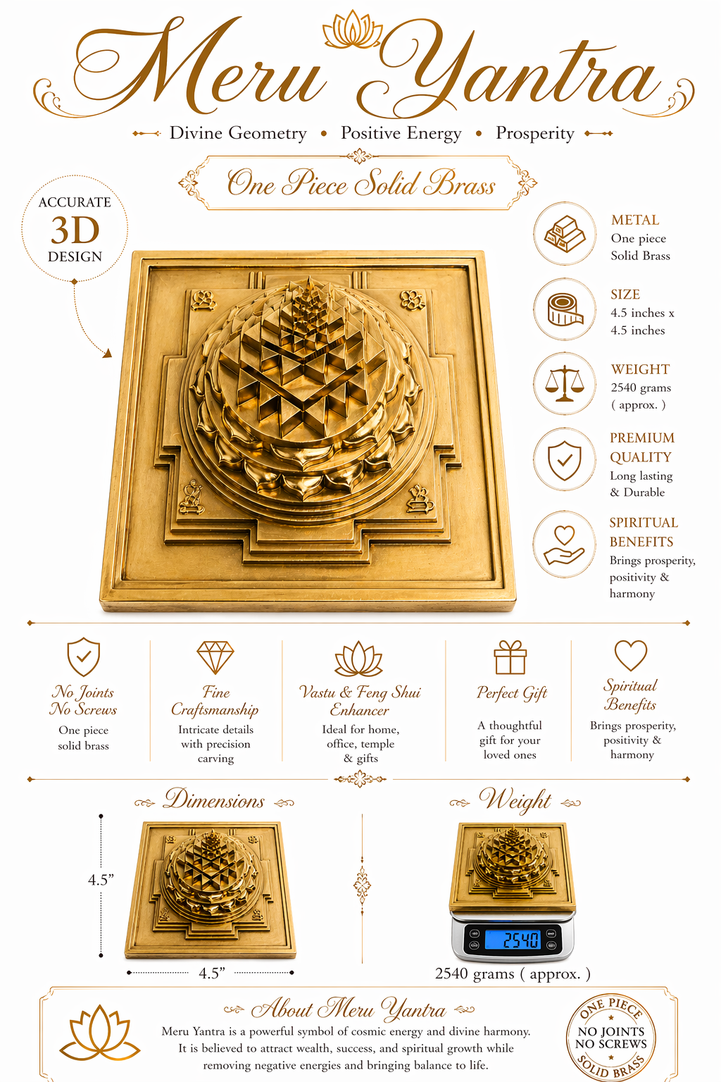 Solid Brass 3D Meru Yantra 4.5 Inch Heavy One Piece Shri Chakra