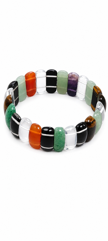 Multi-stone bracelet with orange, black, green, purple, and clear bead segments