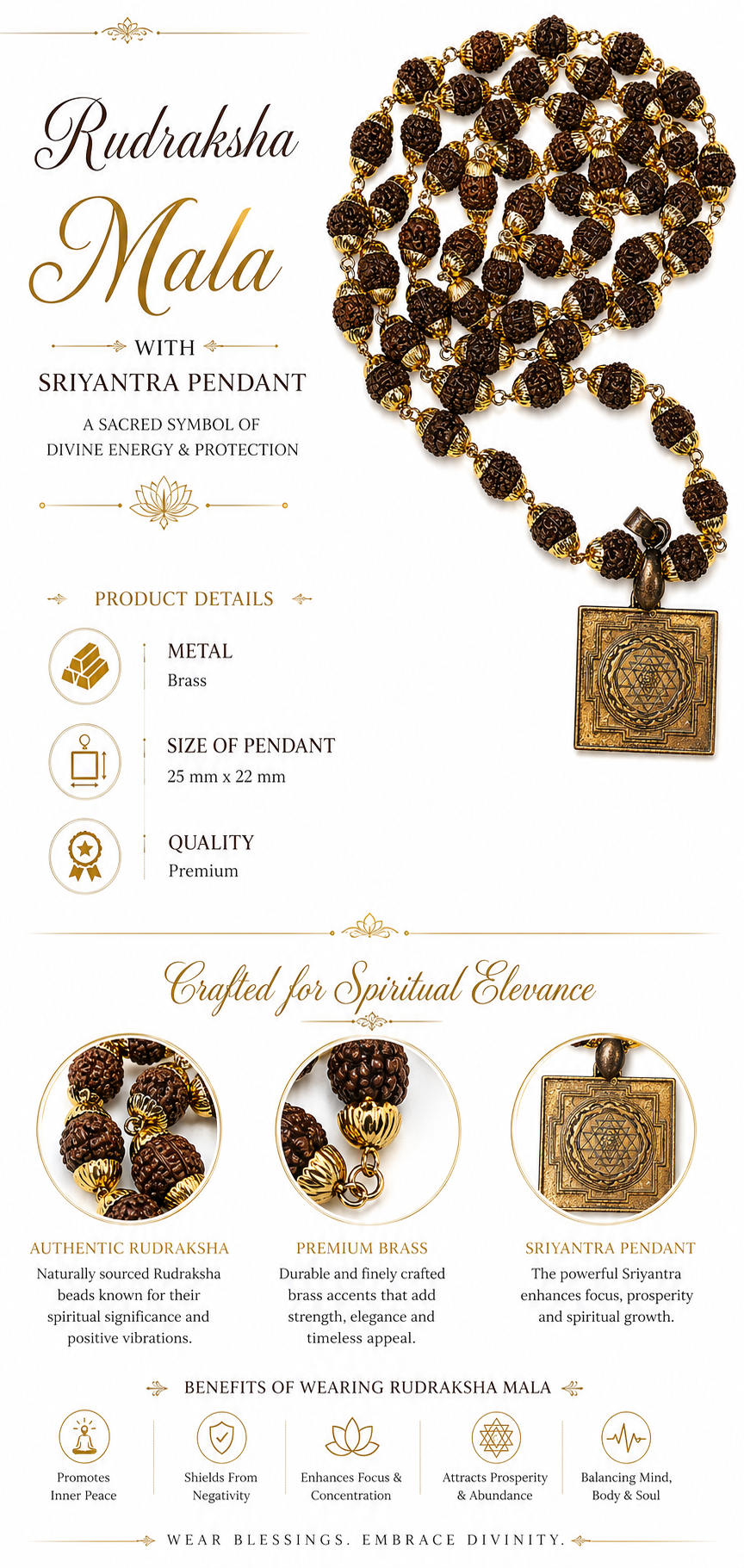 Rudraksha mala with dark beads and square brass Sri Yantra pendant, chain links