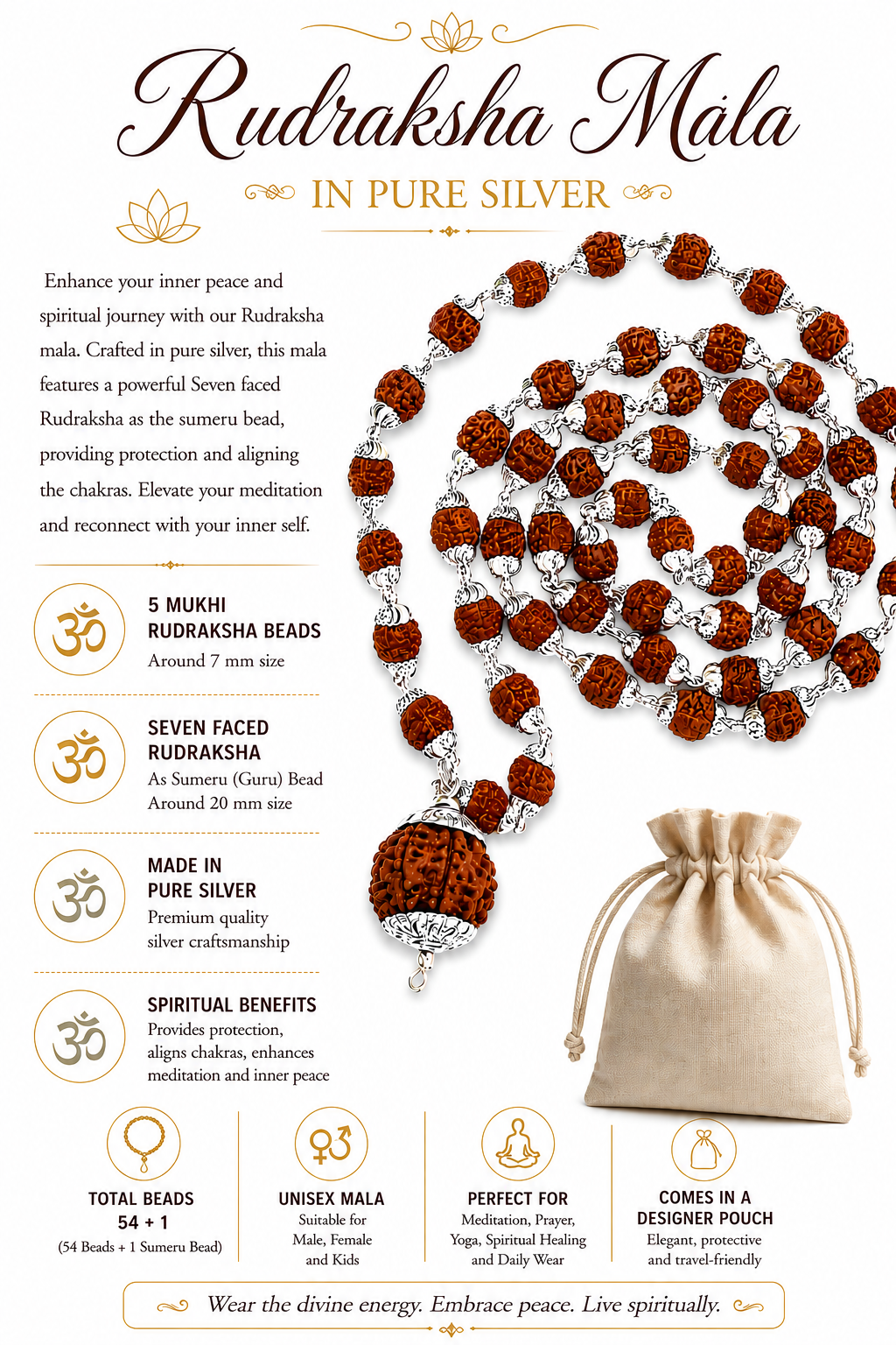 Rudraksha mala with pure silver separators, Sumeru bead pendant, in drawstring pouch