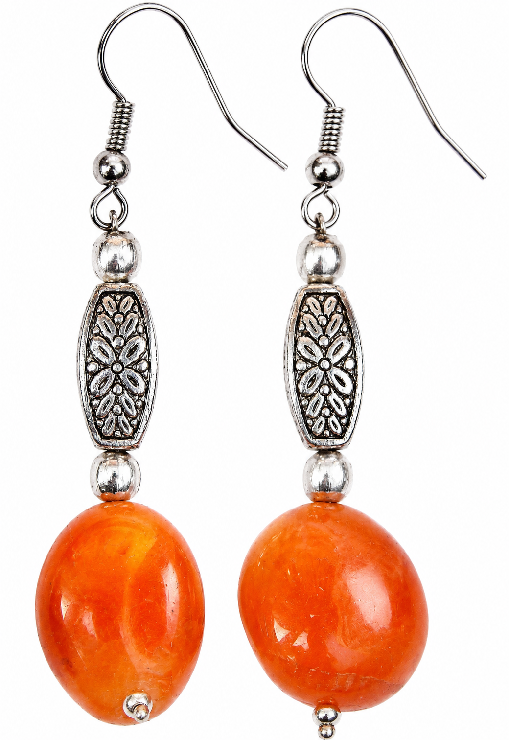 Karnelian-Tropfenohrringe: orange Steinperlen mit silbernen Ornamentkappen