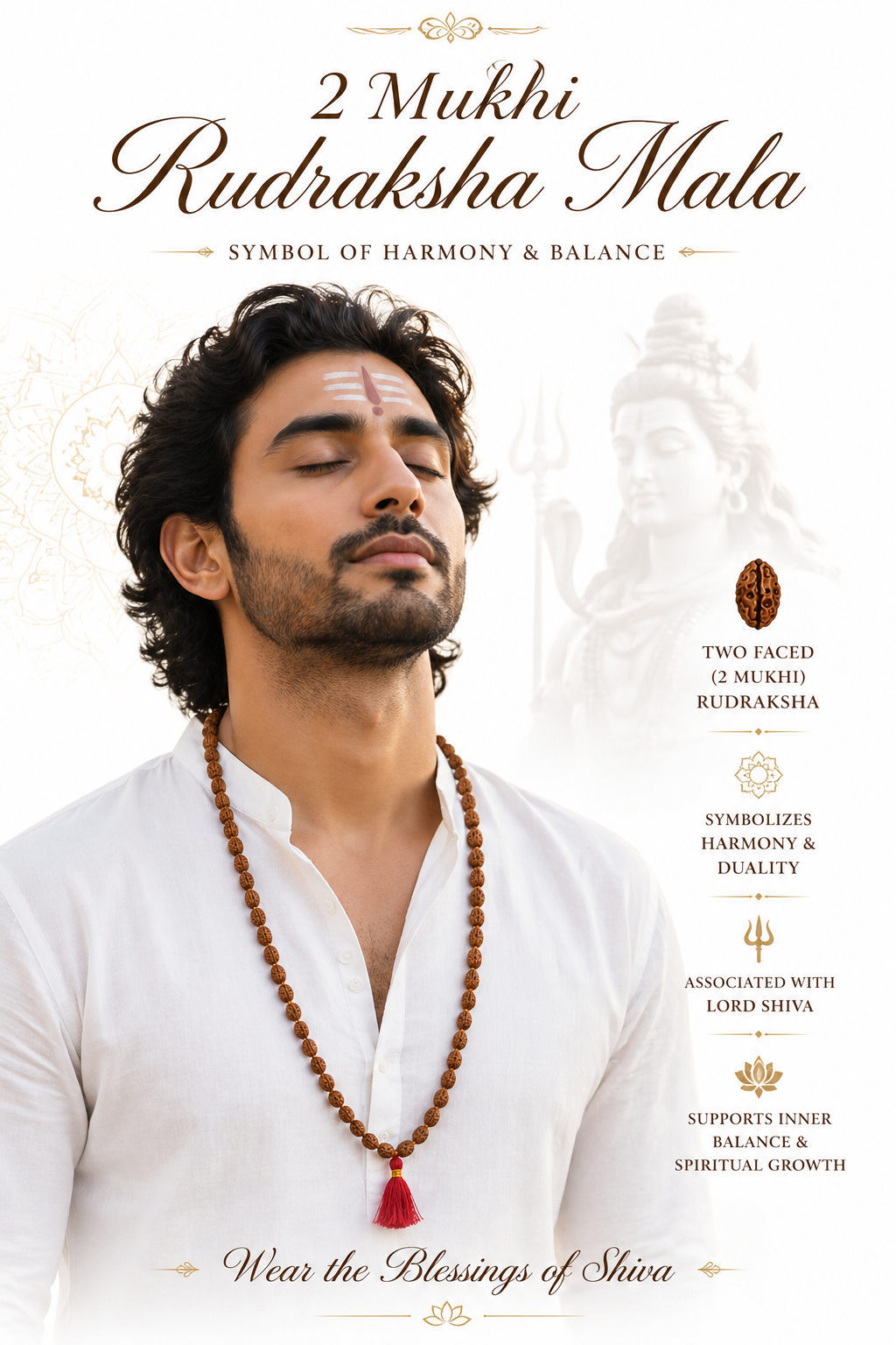 Man wearing brown 2 mukhi rudraksha mala necklace with red tassel