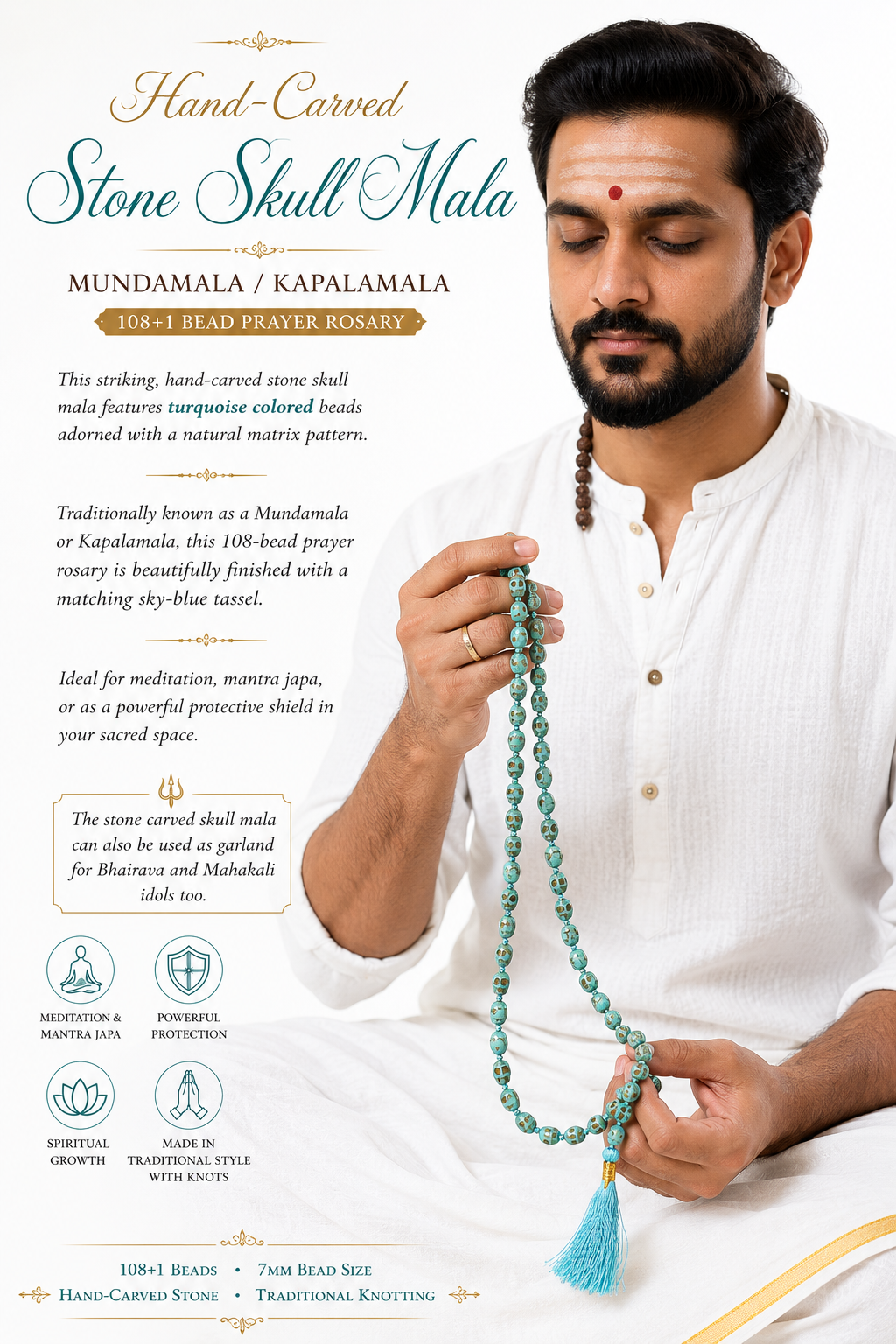 Turquoise stone skull bead mala draped in hand, finished with sky-blue tassel