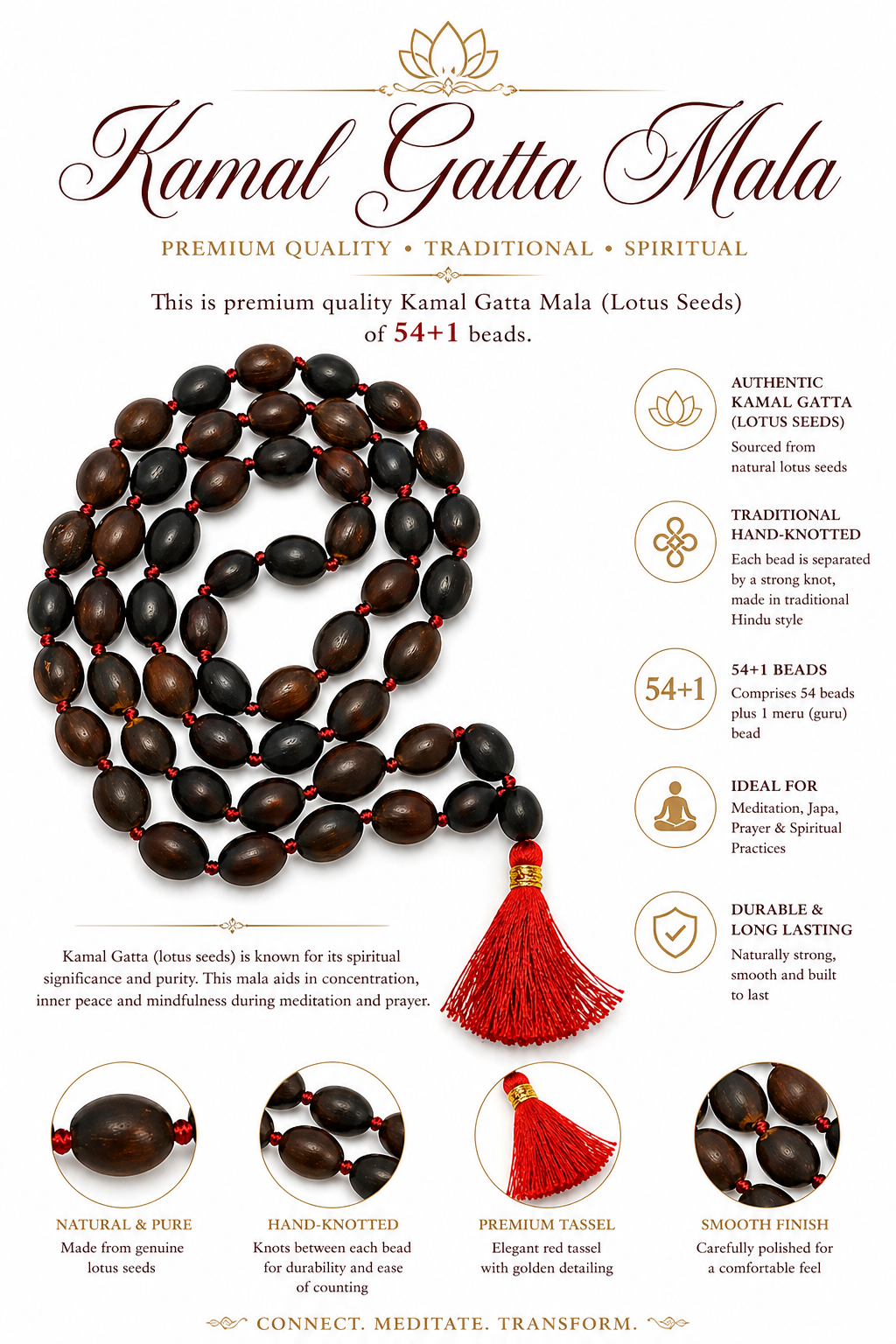 Kamal gatta mala on display: dark oval beads, 54+1 count, red tassel
