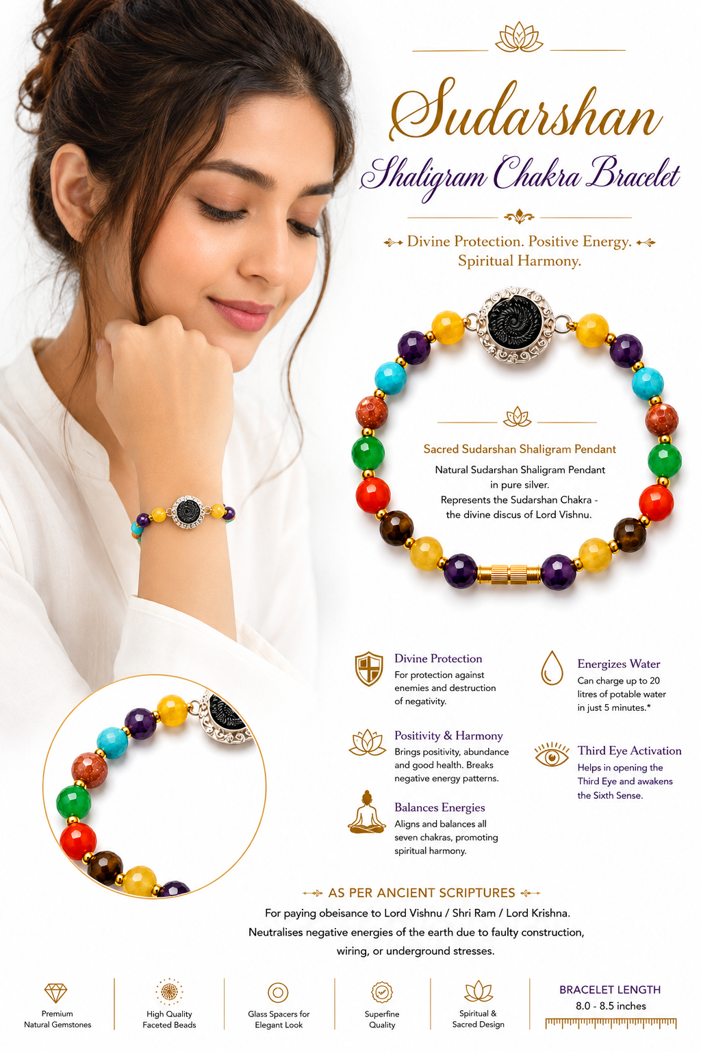 Bracelet with round silver shaligram pendant and rainbow faceted chakra beads detail
