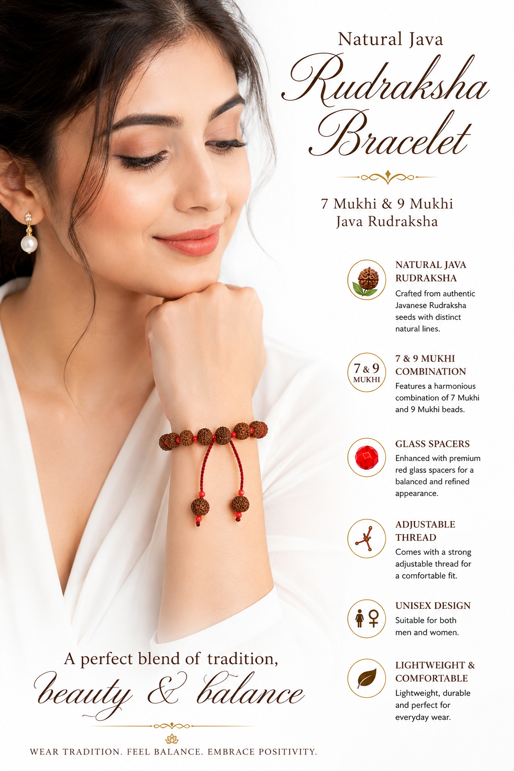 Natural Java Rudraksha Bracelet (7 Mukhi & 9 Mukhi) - Original Indonesian Rudraksha Beads, Adjustable Thread Bracelet with Glass Spacers for Men & Women