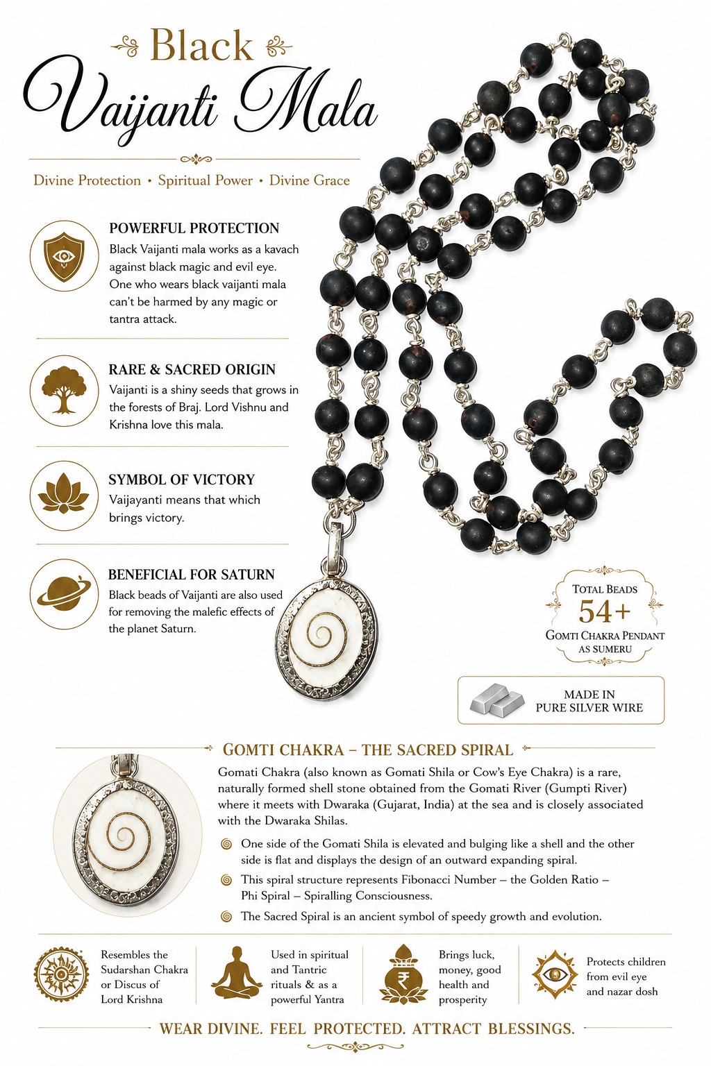Black Vaijanti mala with 54 beads and silver Gomti chakra (Sumeru) pendant