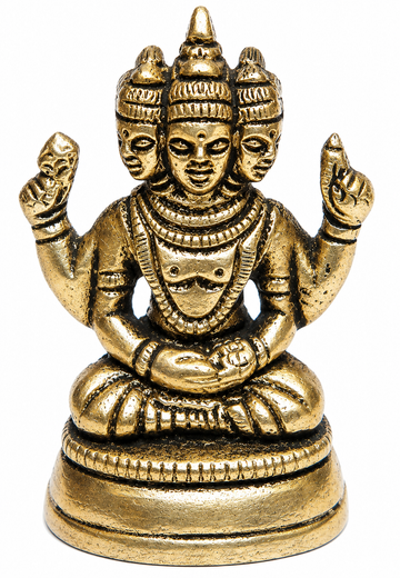 Kartikeya Swamy idol, antique gold finish with three faces and raised hands