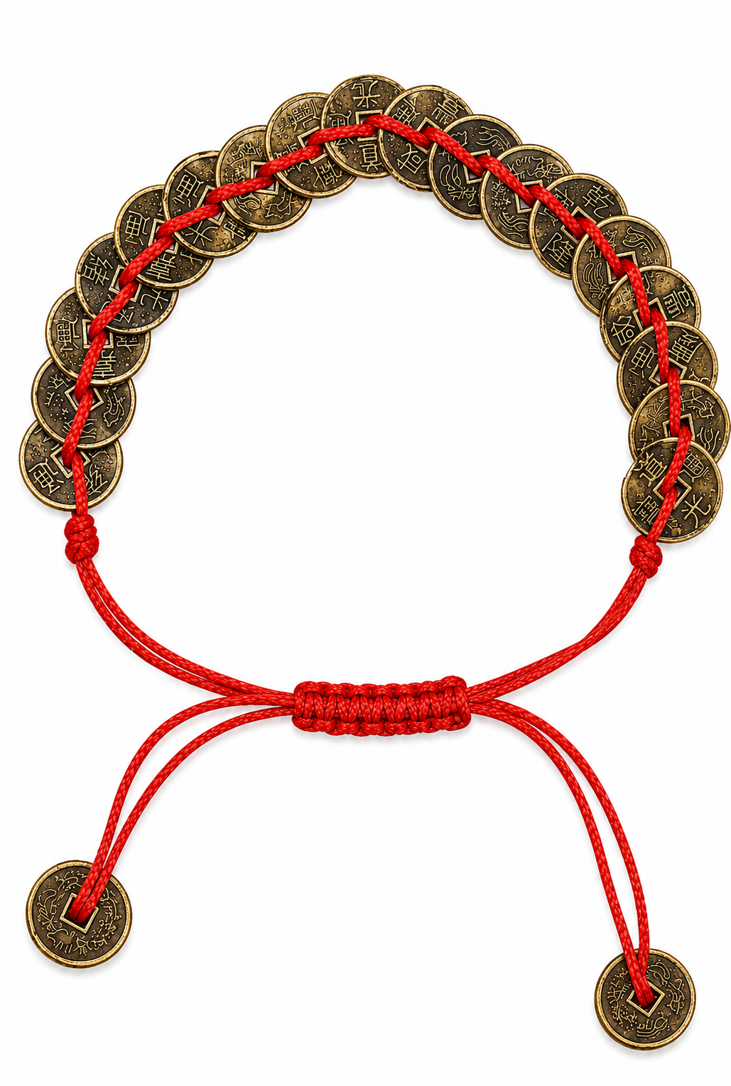 Gold-tone Chinese coin charm bracelet with red cord, center knot, and hanging tassels