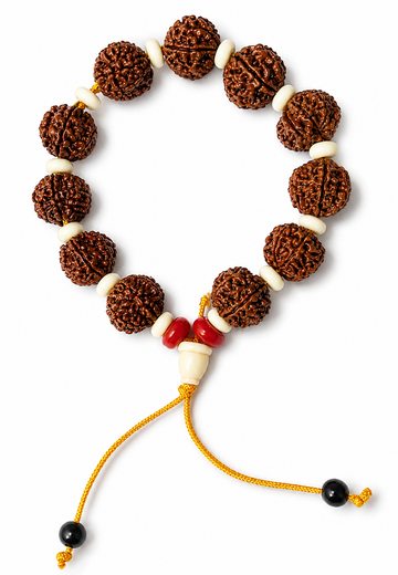 Men's rudraksha bead bracelet with white spacers, red accent, and black drawstring ends
