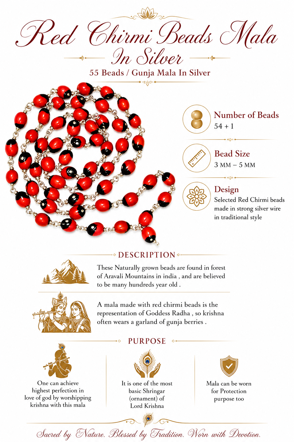 Red and black bead mala necklace with silver chain links