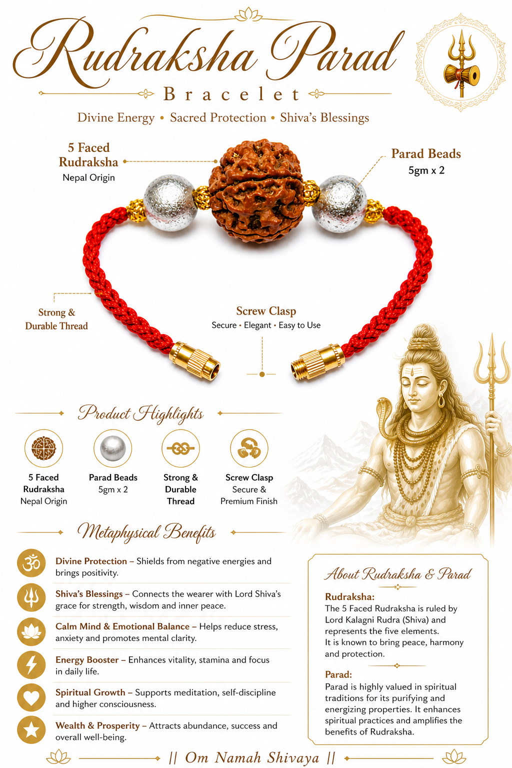 Rudraksha parad bracelet with orange-brown bead, silver beads, red cord and gold screw clasp