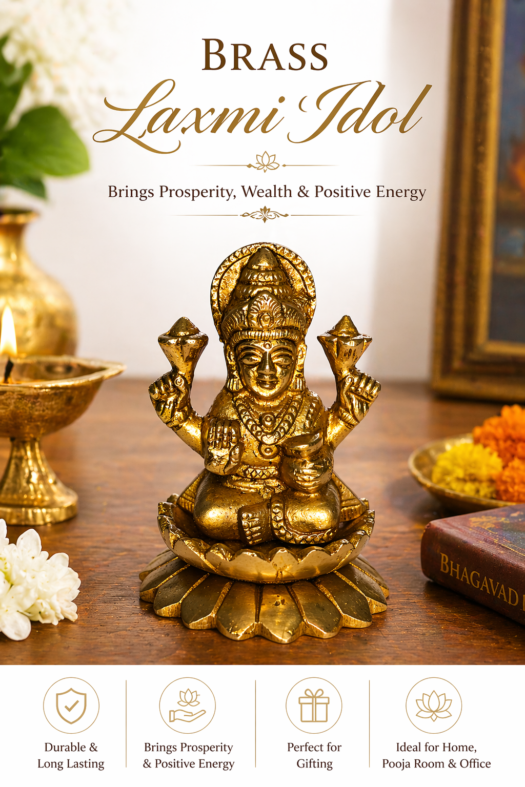 Brass Laxmi Idol for Home Temple, Office Desk & Gifting | 2.5 Inch Handcrafted Maa Lakshmi Murti on Lotus Base | Premium Polished Brass Decorative Pooja Statue