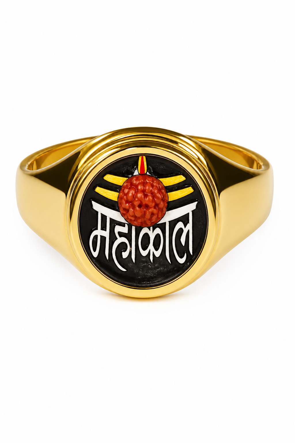 Gold brass ring: black bezel with red rudraksha and Hindi Shiva trident motif