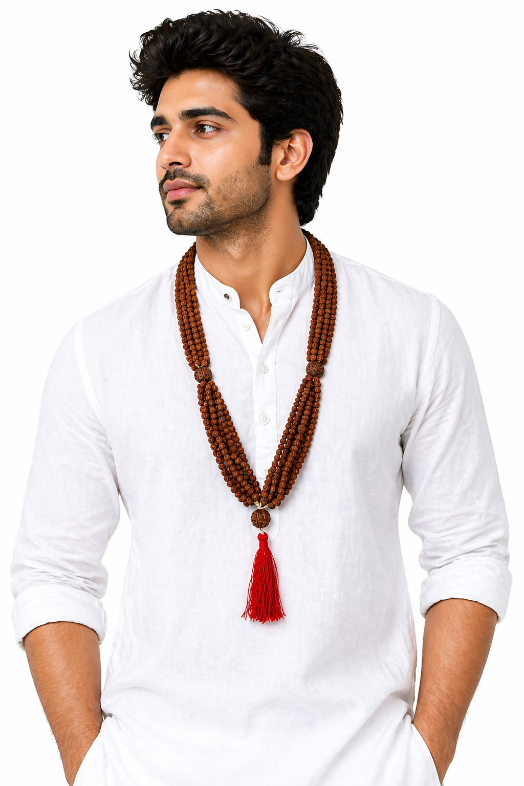 Rudraksha kantha bead mala worn necklace: multi-strand brown beads with red tassel