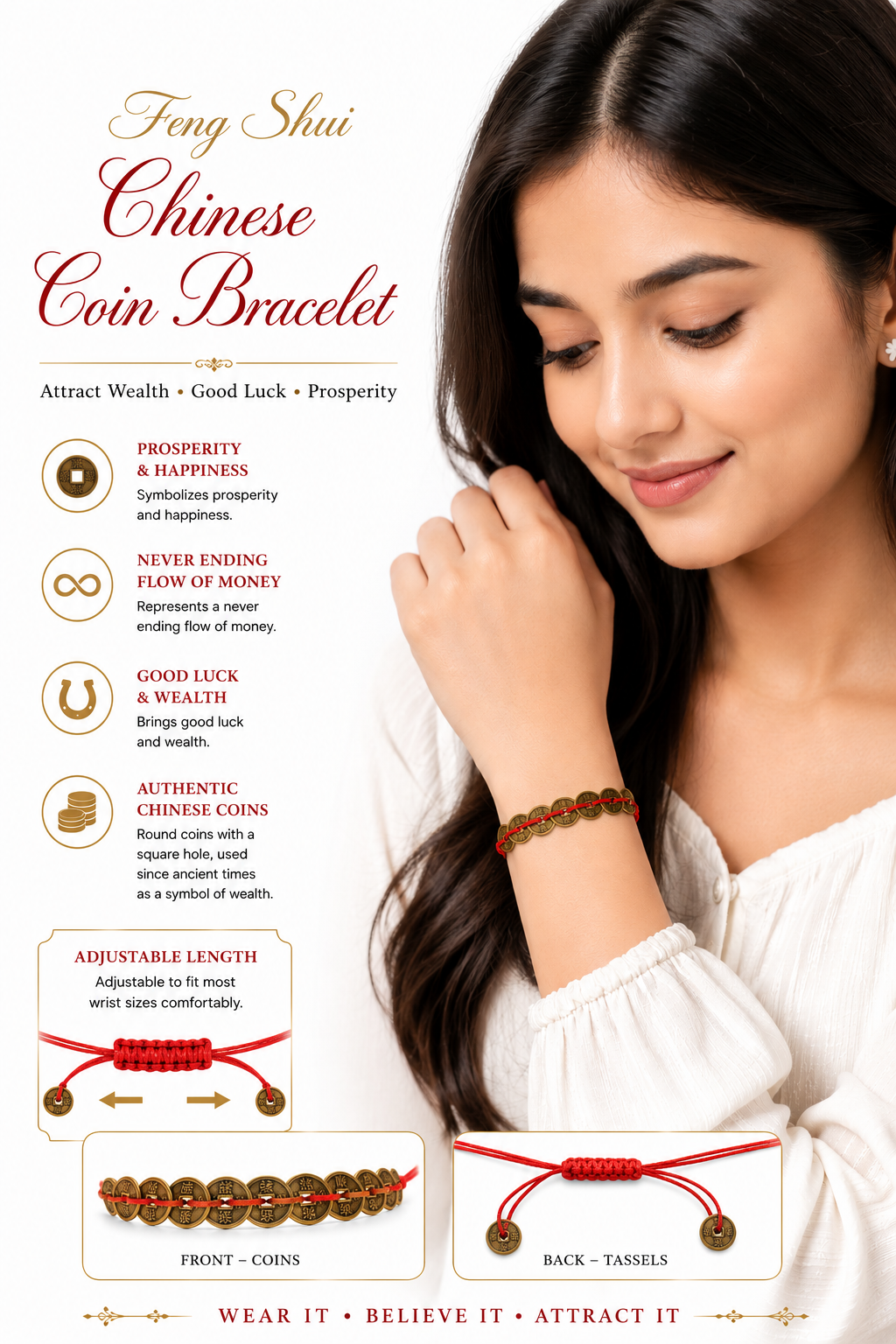 On-wrist Chinese coin bracelet with gold coins on red adjustable cord and small tassels