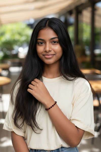 Black Hakik wristband with red glass spacers