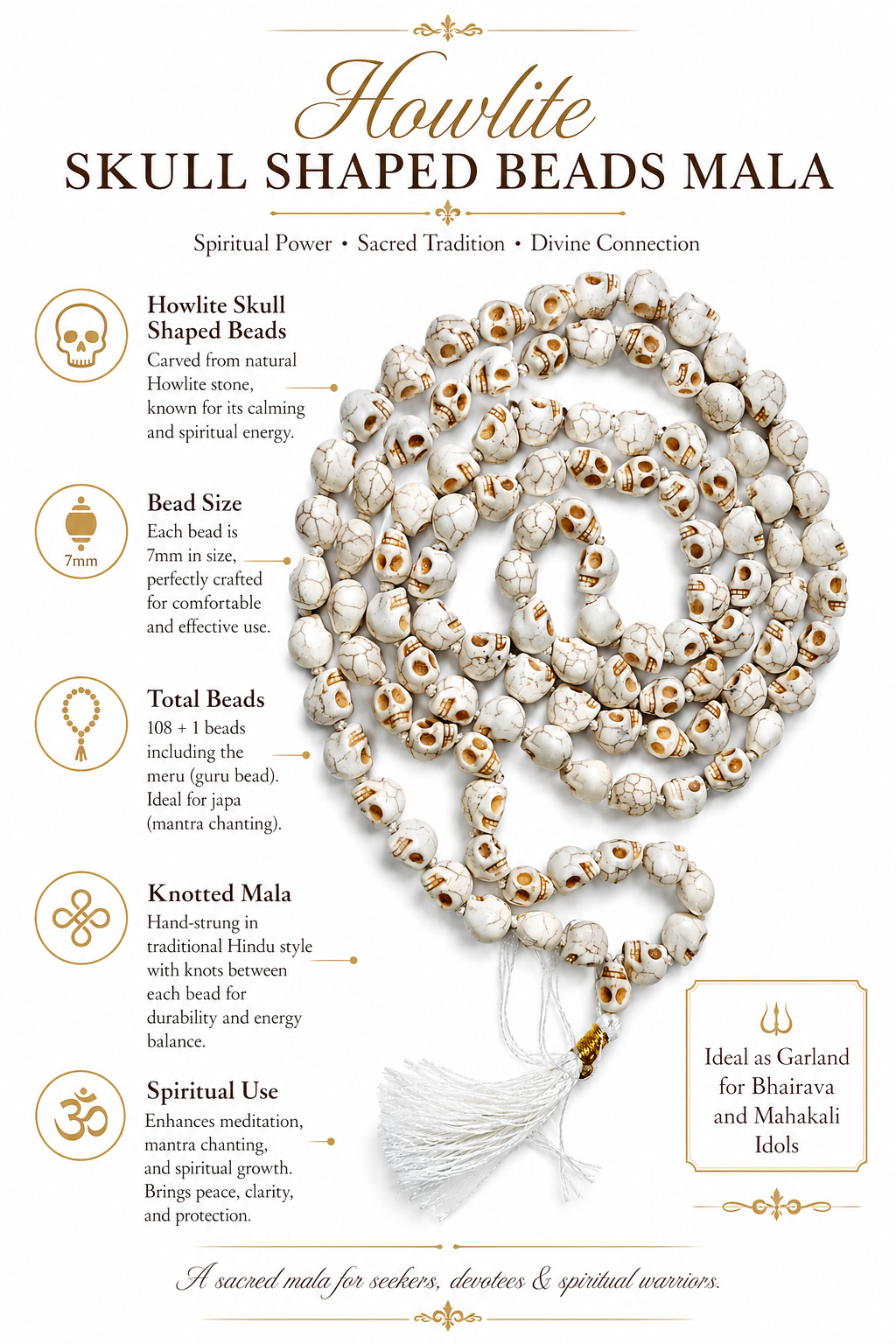 Howlite Skull Beads Mala 108+1 Beads | 7mm Hand-Knotted Japa Mala | Traditional Hindu Style Garland for Mahakali & Bhairava Idols