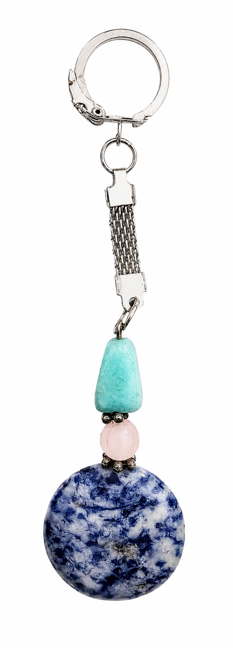 Silver-tone gemstone keychain with turquoise, pink, and blue round crystal charm