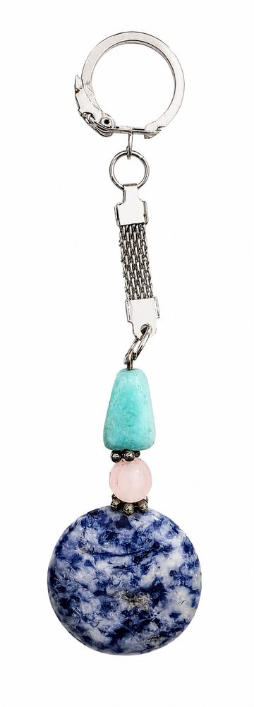 Silver-tone gemstone keychain with turquoise, pink, and blue round crystal charm