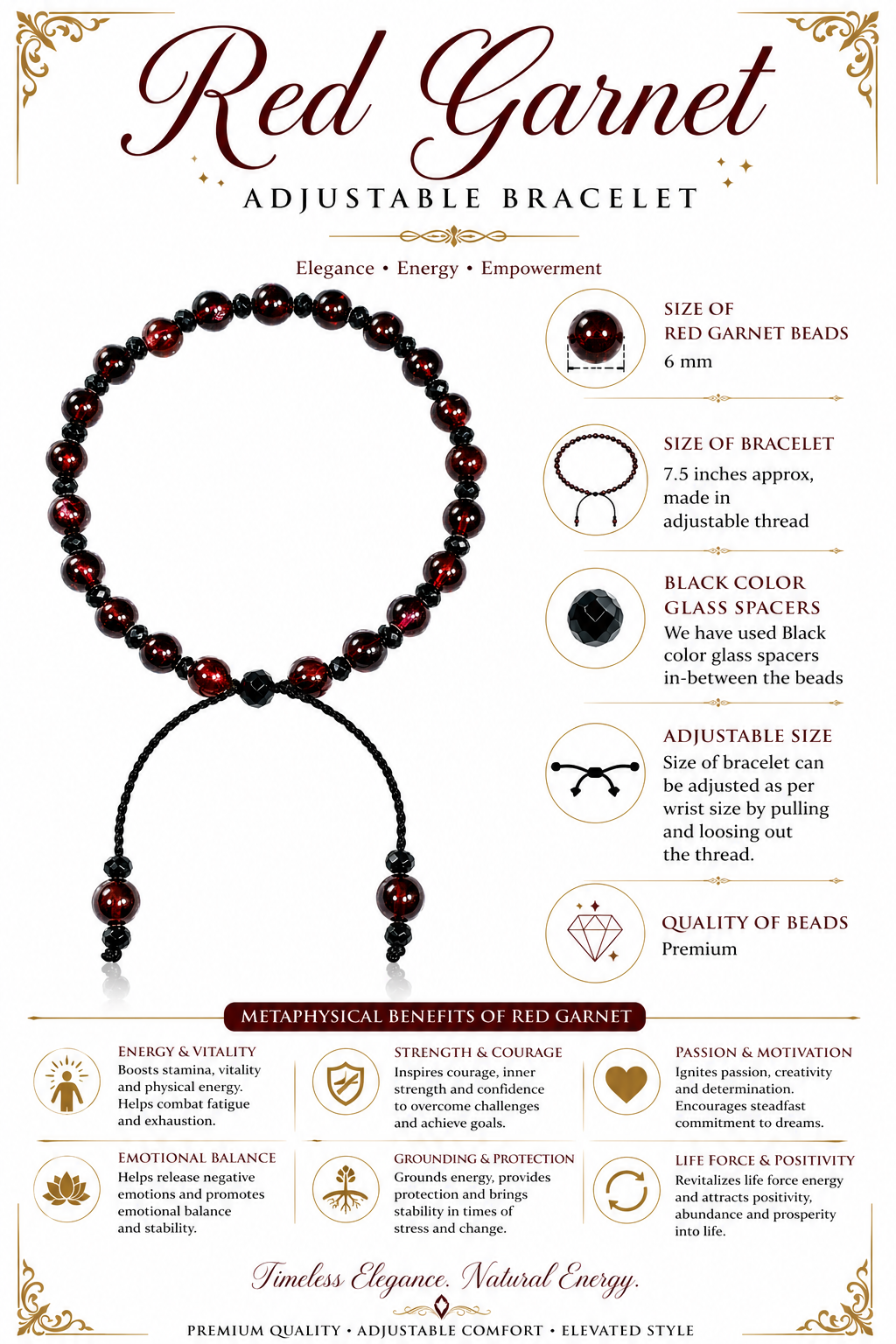 Adjustable red garnet bead bracelet, 6mm beads with black glass spacers and cord ties
