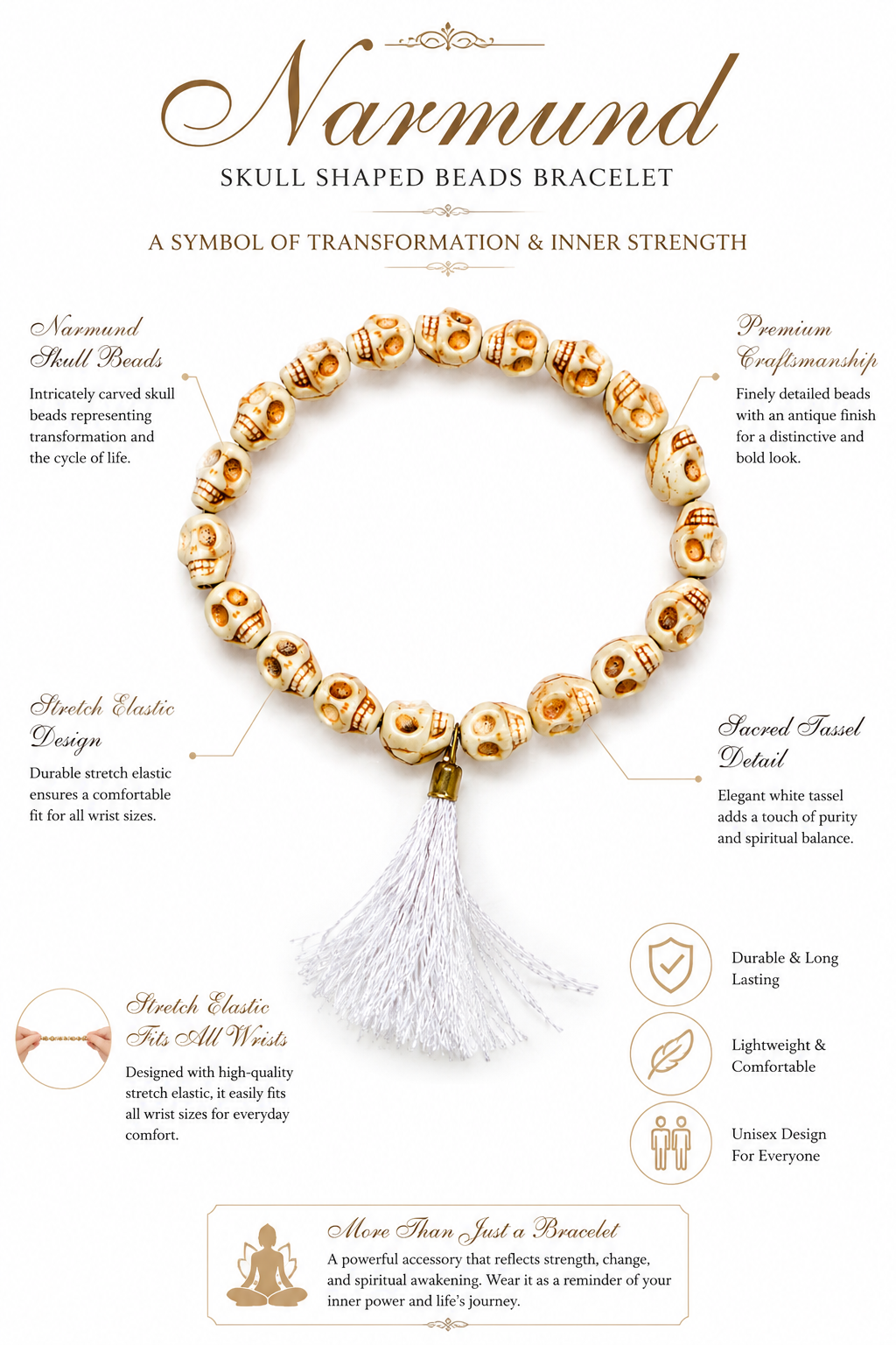Narmund Howlite Skull Beads Bracelet for Men & Women | Handmade Skull Design Wrist Bracelet with Stretch Elastic Band | Tibetan Style Meditation, Spiritual & Boho Fashion Jewellery