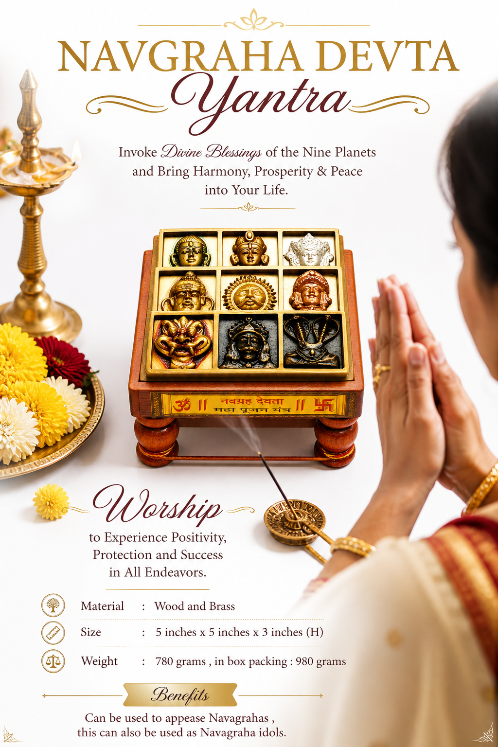 Navagraha Devta yantra puja platform with 9 planet idols in brass and wood