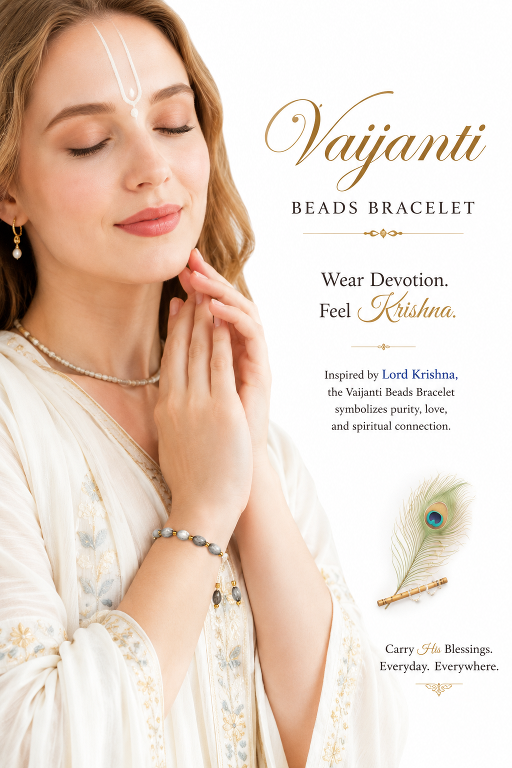 Adjustable grey bead bracelet with small gold spacers and dangling charm