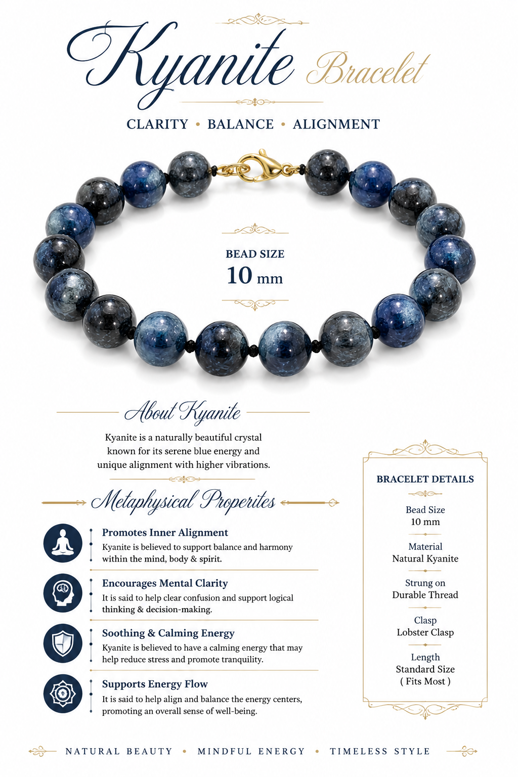 Natural Kyanite Bracelet for Women & Men - 10 mm Genuine Kyanite Gemstone Beads, Handcrafted Thread Bracelet with Gold Tone Lobster Clasp | Premium Crystal Jewelry | Gift for Everyday Wear