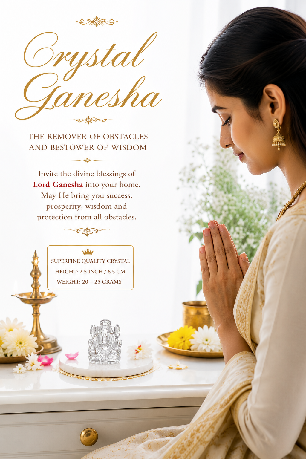 Crystal Ganesha idol on a small pedestal near a praying woman, clear glossy finish