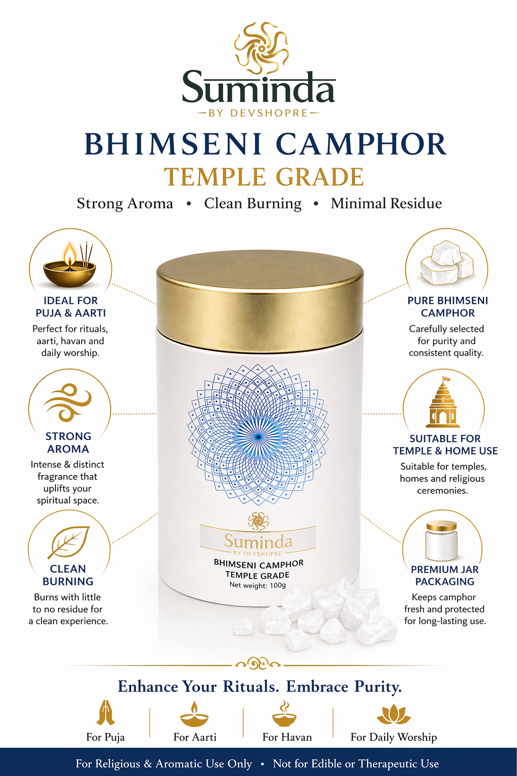 Suminda by DevShoppe Bhimseni Camphor - Temple Grade Kapoor (100g) | Strong Aroma, Clean Burning, Minimal Residue | Ideal for Puja, Aarti & Daily Ritual Use | Premium Jar Packaging