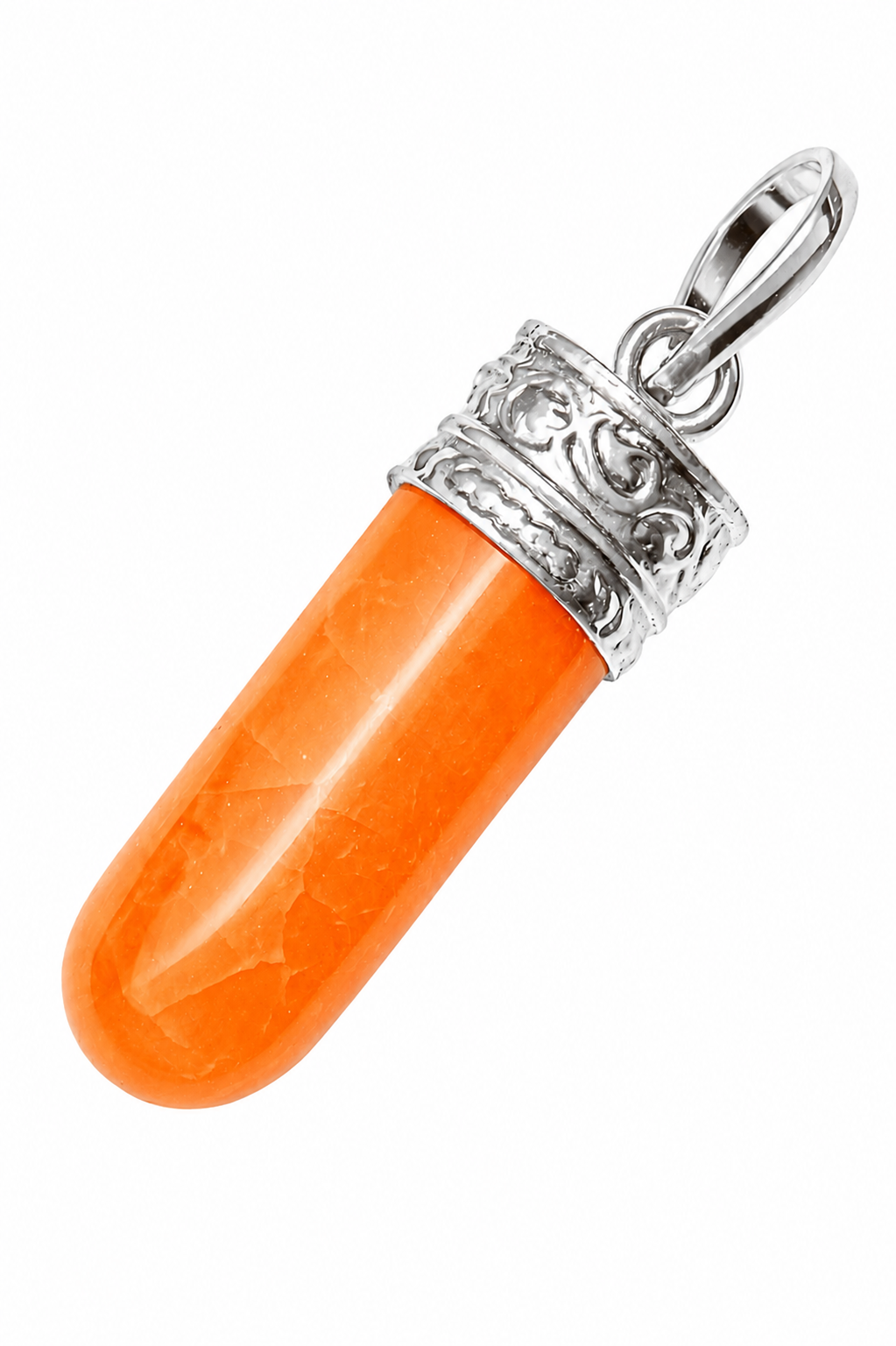 White metal capsule pendant with orange carnelian crystal charm, bail at top