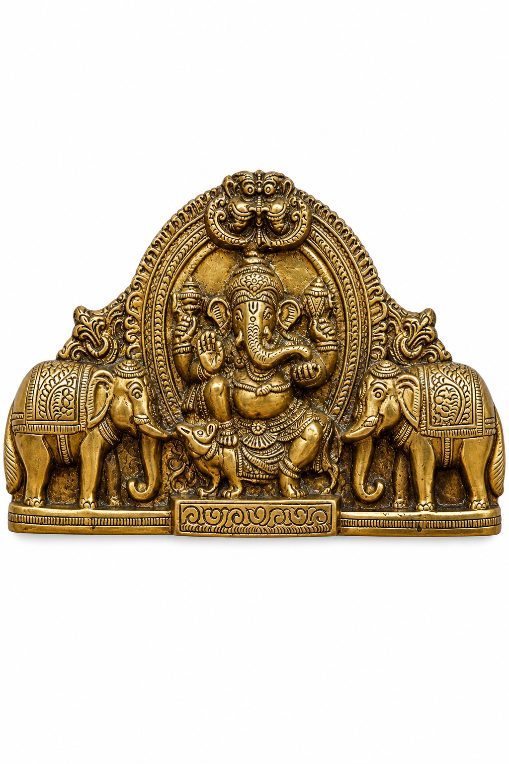 Brass Ganesha idol with elephants, ornate arch and detailed figures on base