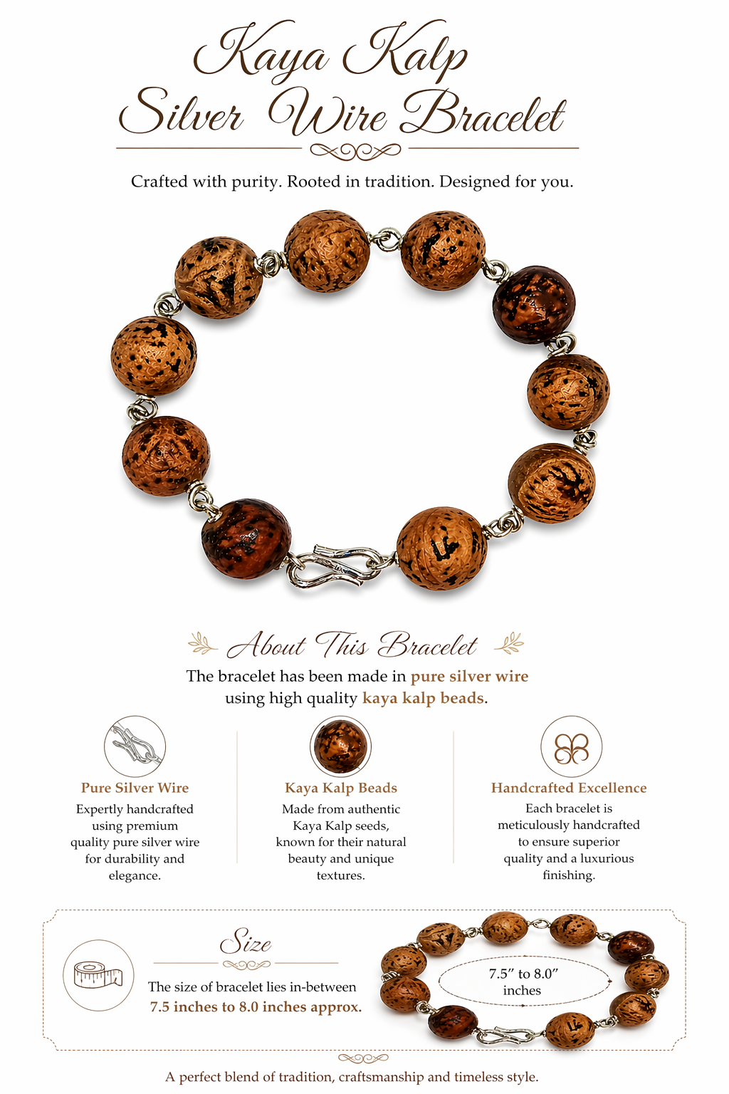 Silver wire bracelet with round brown speckled beads and oval link clasp, full view