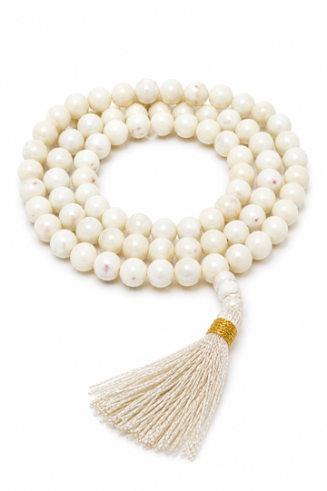 Mother of Pearl mala, 7 mm shell beads strand with white tassel