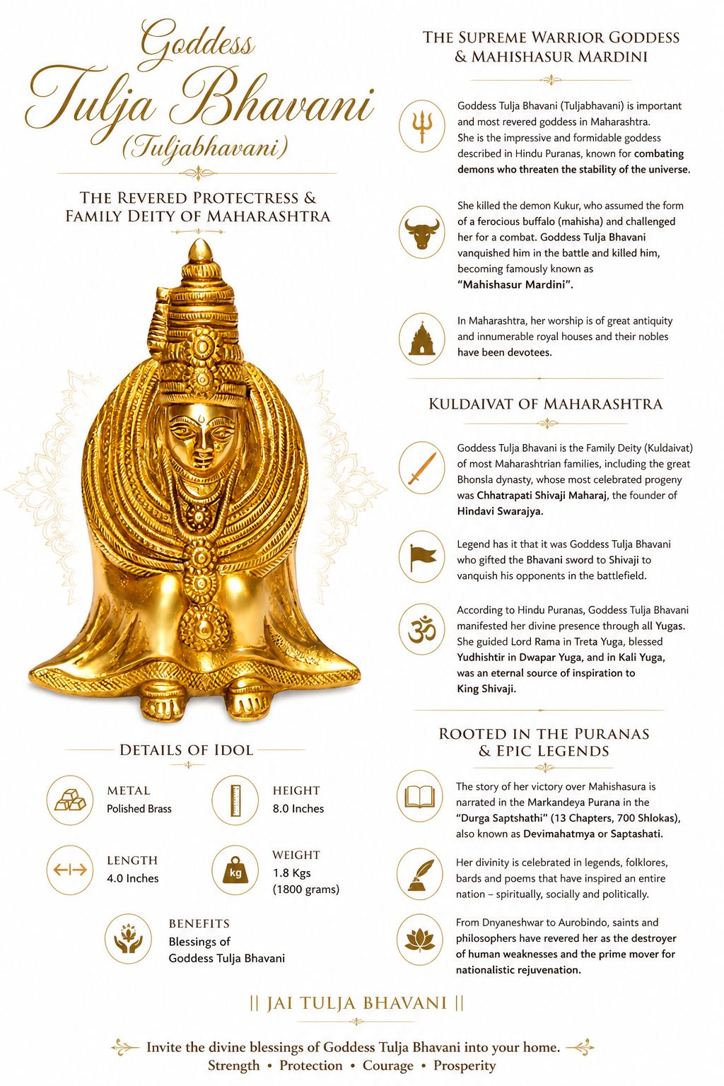Gold brass Tulja Bhavani idol, front view with tall crown, halo frame, and decorative chest