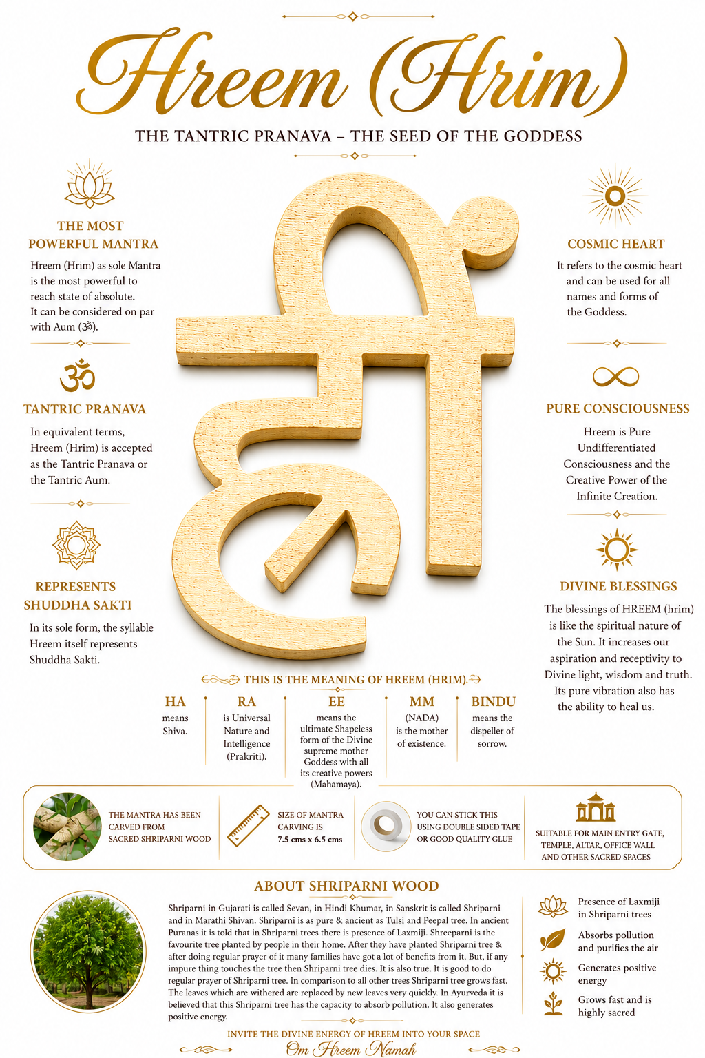 Hreem (Hrim) wooden mantra symbol, carved seed-pranava design with raised edges