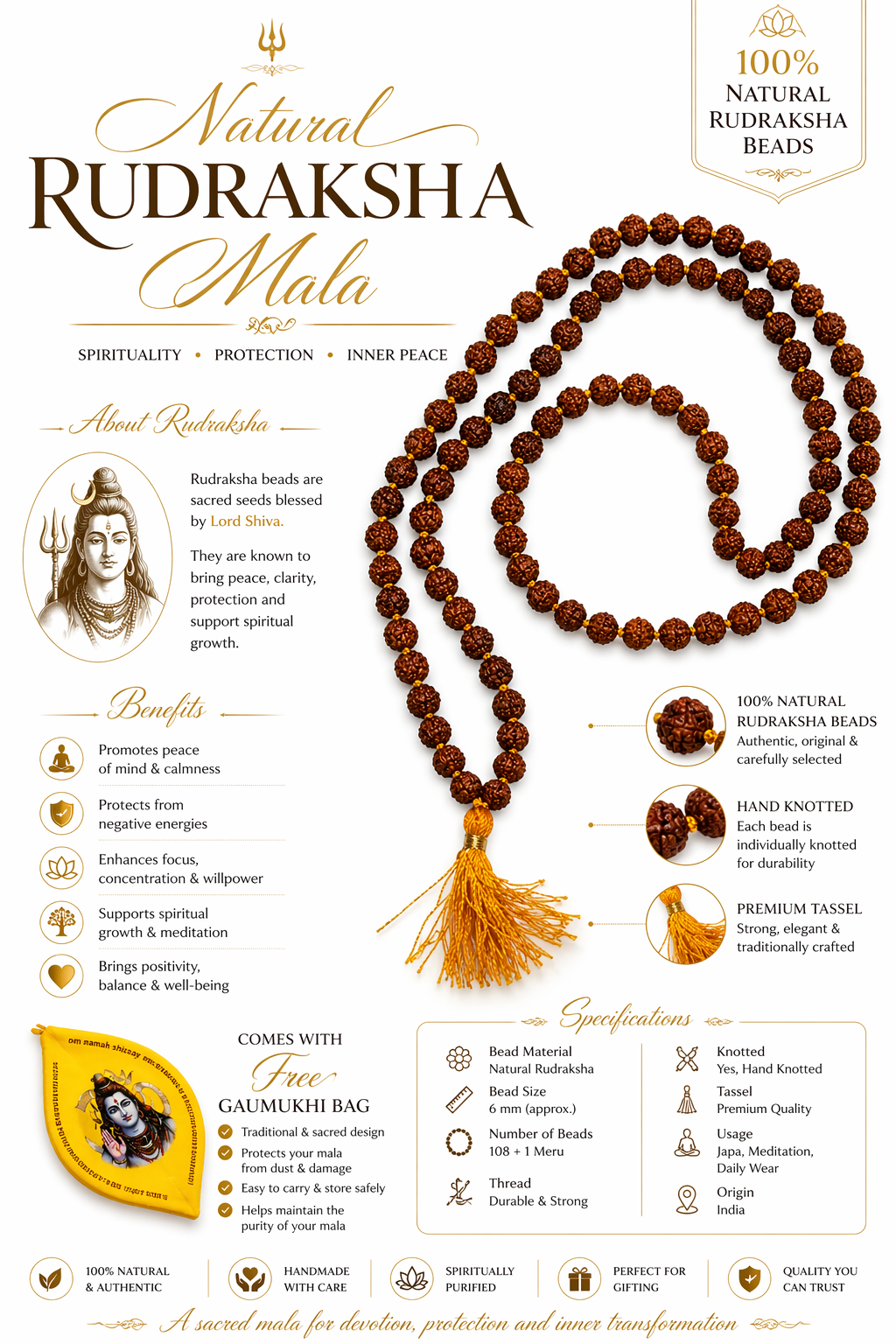 Rudraksha mala featuring dark brown bead strands with a golden tassel centerpiece.
