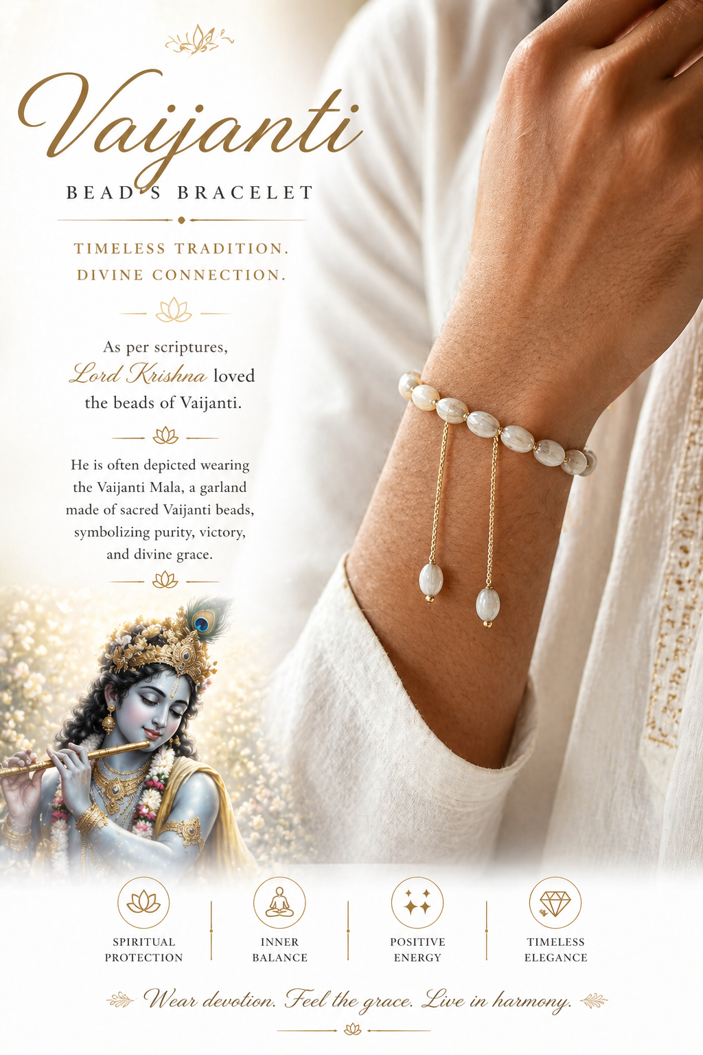 Vaijanti bead bracelet on wrist: oval white beads with two dangling gold-thread tassels