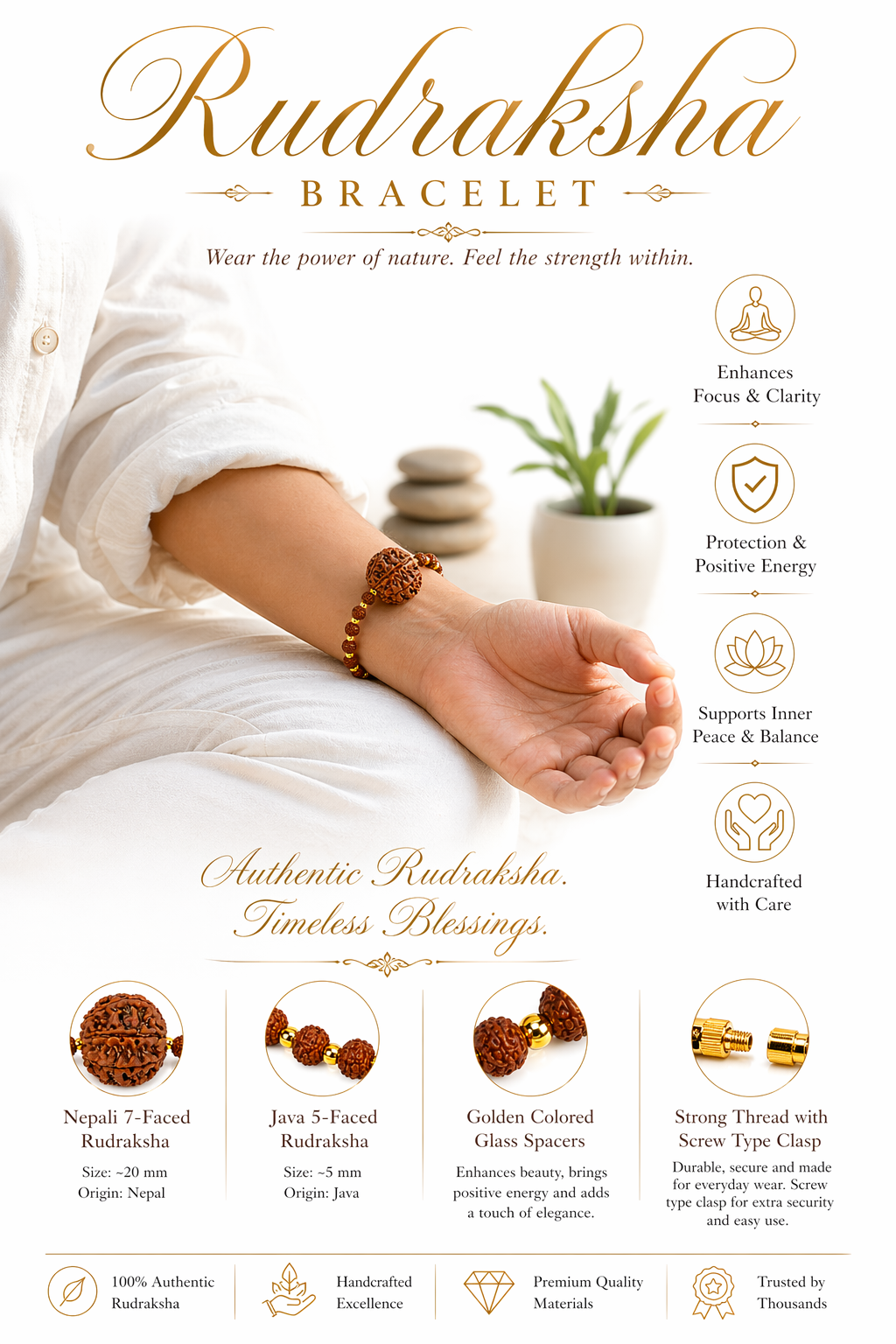 Rudraksha bracelet on wrist with golden beads, glass spacers, and screw clasp
