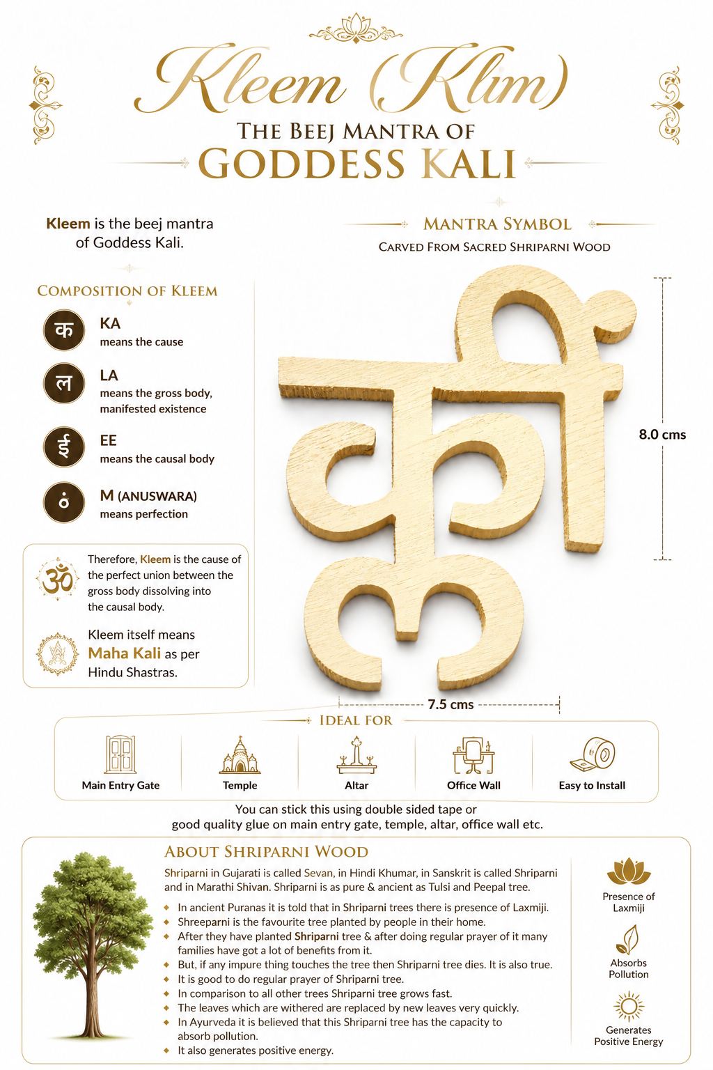 Kleem mantra wood symbol, infographic view with carved design and size marks