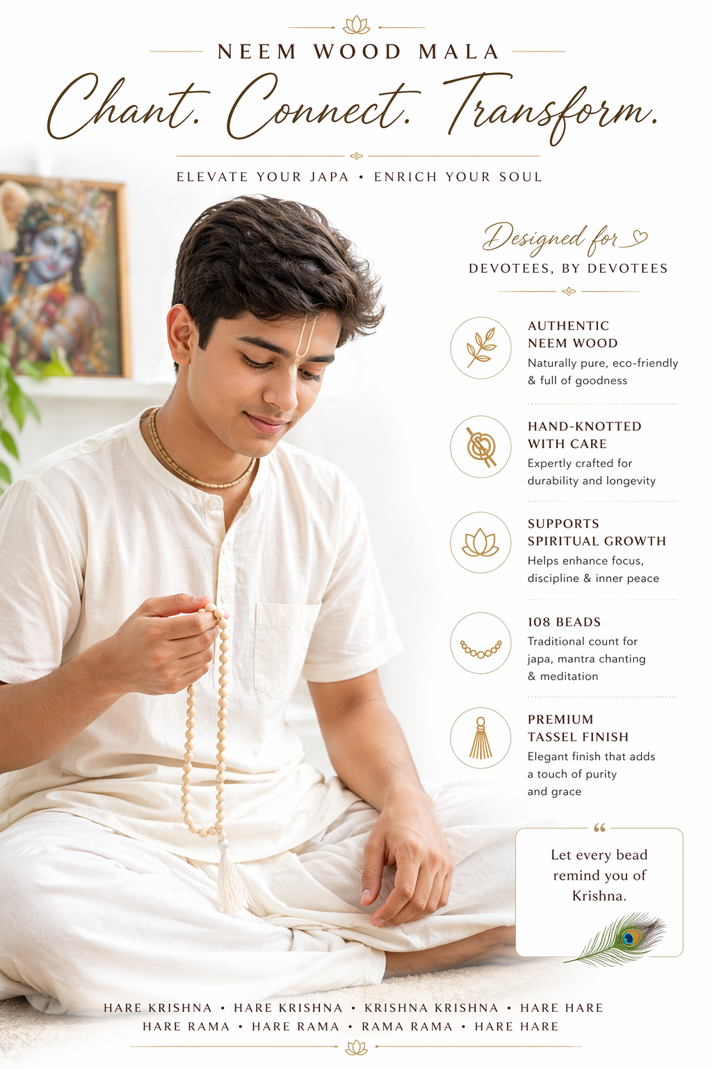 Neem Wood Japa Mala 108 Beads with Tassel | Natural Hand Knotted Jap Mala for Chanting Meditation Prayer | Free Gaumukhi Japamala Bag Included