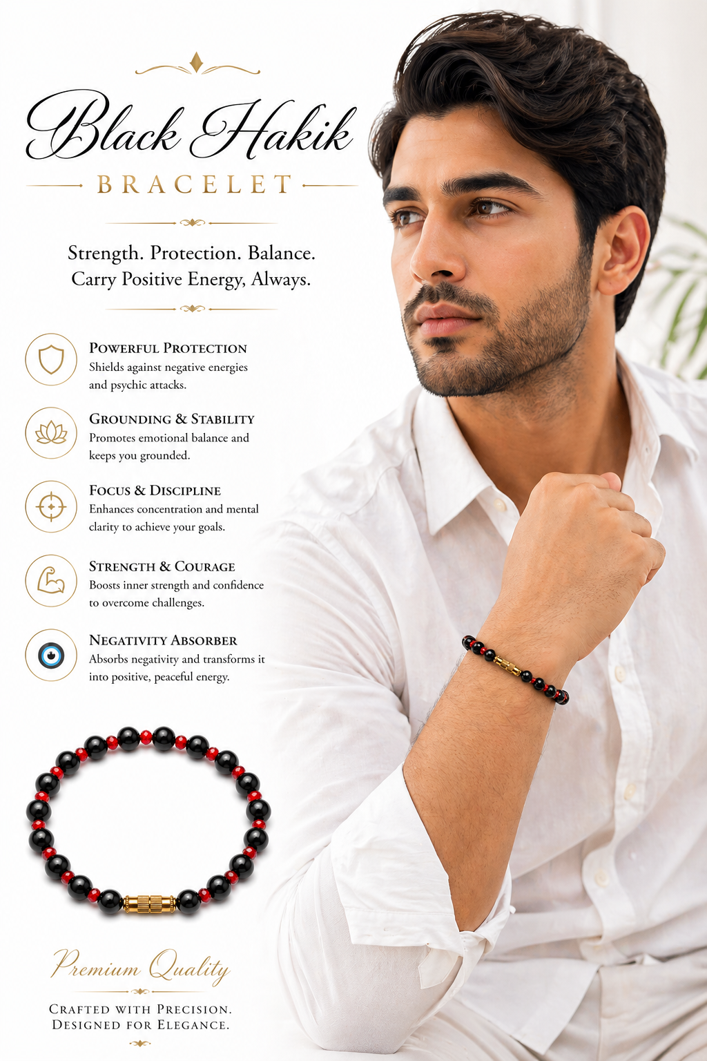 Unisex wrist bracelet on arm: black beads with red accents and gold center