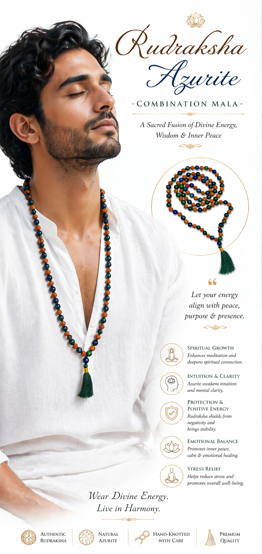 Beaded Rudraksha & azurite japa necklace with blue/green stones and green tassel on model