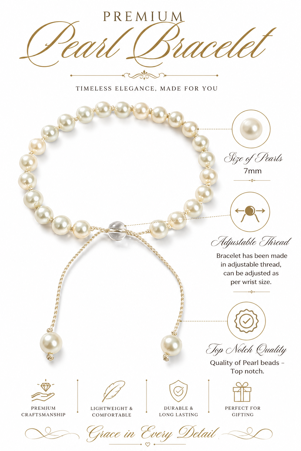 Pearl bracelet with 7mm round beads and adjustable thread clasp, off-white