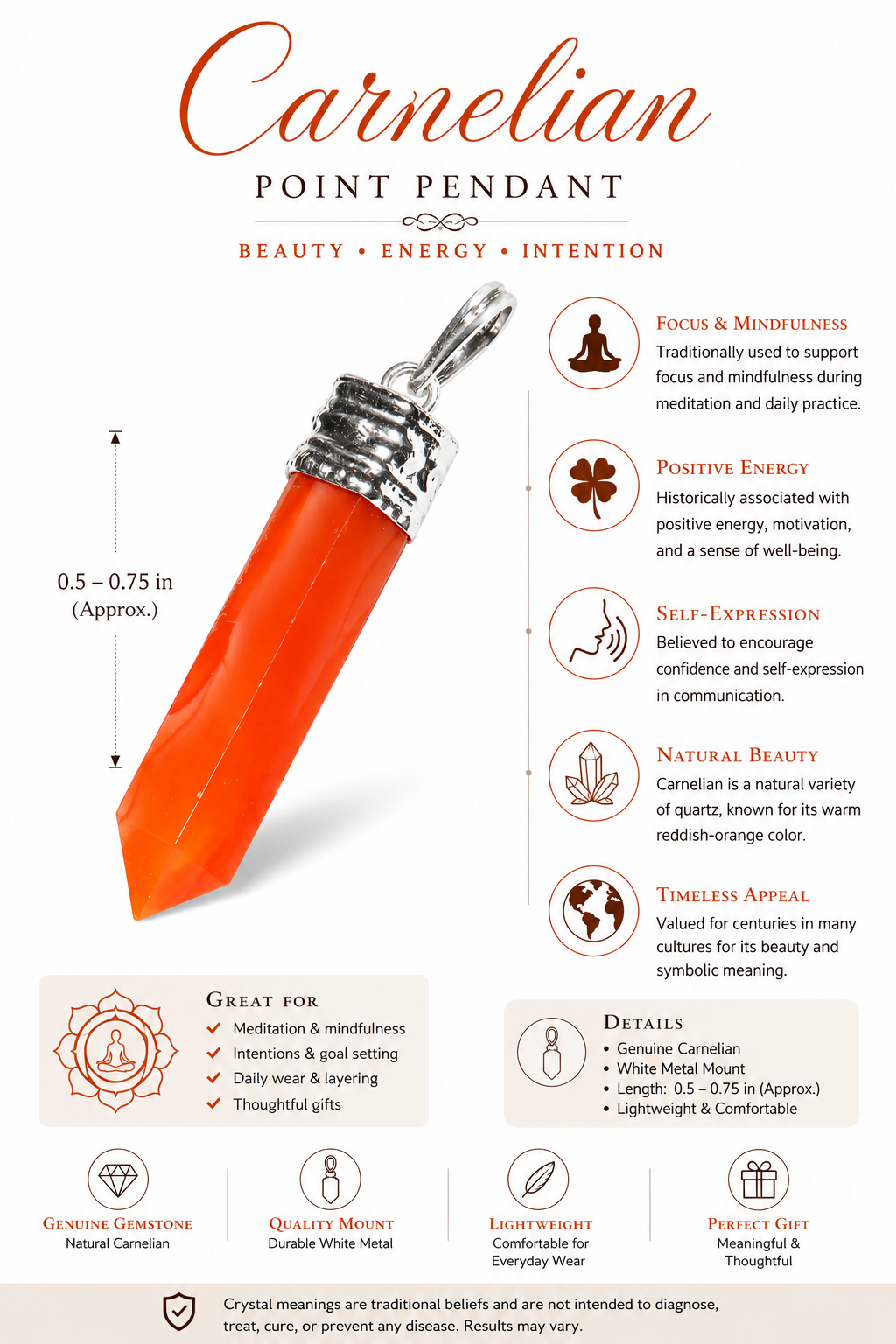 Orange carnelian point pendant with silver-tone textured cap
