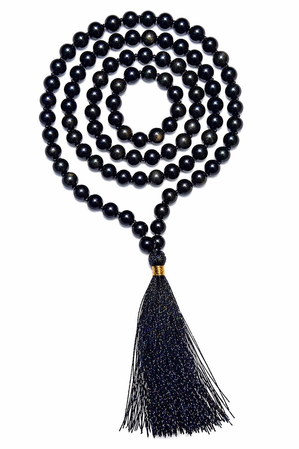 Black obsidian-style mala necklace with 108 dark beads and gold-accent tassel