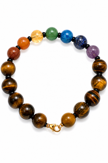 Premium Tiger Eye 7 Chakra Bracelet for Men | Natural Tiger Eye with Sunstone, Carnelian, Citrine, Green Jade, Azurite, Lapis Lazuli & Amethyst | Stretch Fit with Gold Lobster Clasp