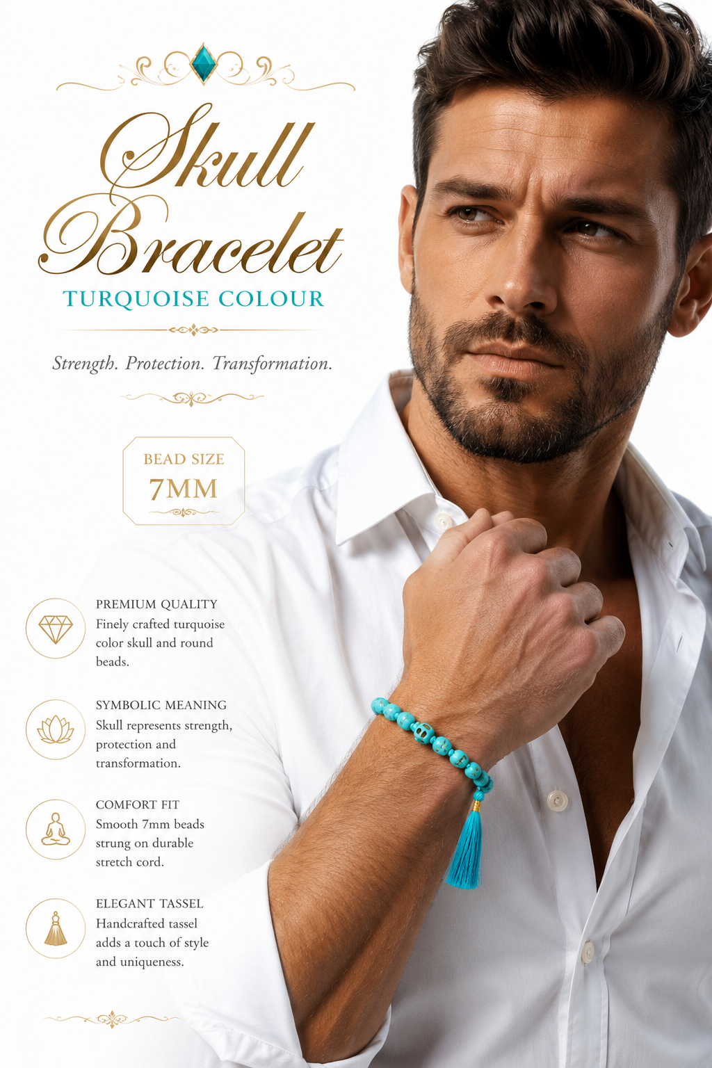 Turquoise skull-bead bracelet on wrist with blue tassel and gold-toned connector