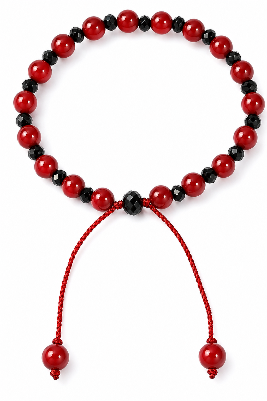 Red coral bead and black glass spacer adjustable thread bracelet with red cord ends